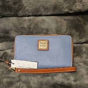 Dooney & Bourke Blue Leather Wristlet with Brown Strap